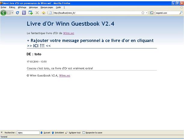 Copie d'écran du script Winn GuestBook fr