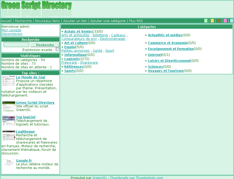 Copie d'écran du script Green Script Directory