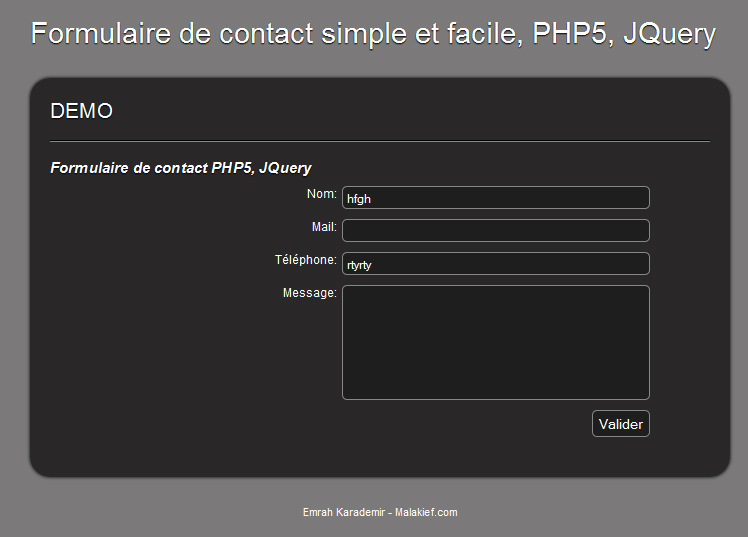 Copie d'écran du script Formulaire de contact en PHP5 et JQuery
